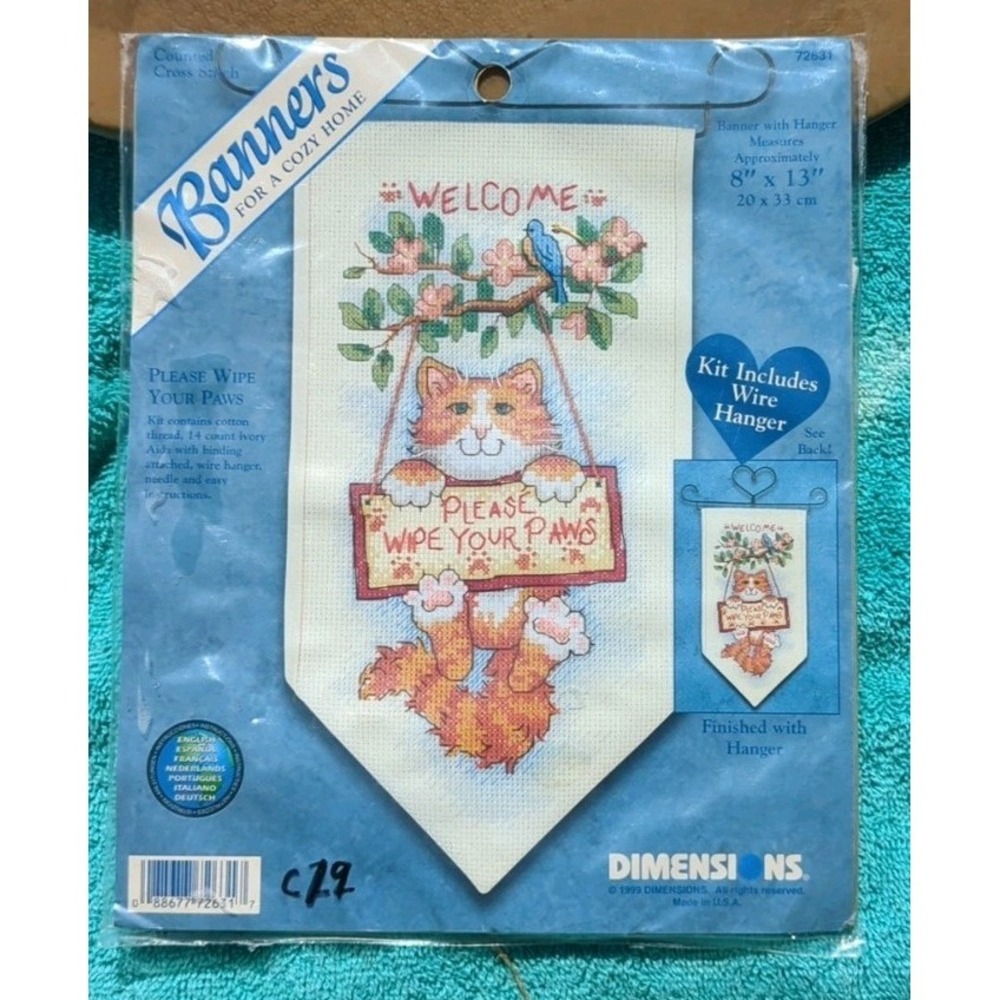 New Banner With Hanger Please Wipe Your Paws‎ Cat Welcome CROSS STITCH KIT ~ NIP